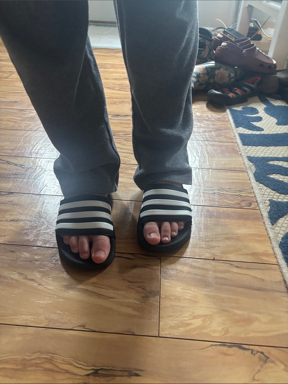 Adidas Black Slides with White Three-Stripes - Picture 3 of 8